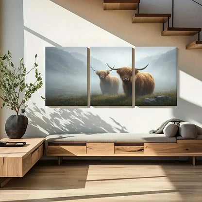 3pcs Highland Cattle Foggy Mountain Landscape Metal Print Ready to Hang Art