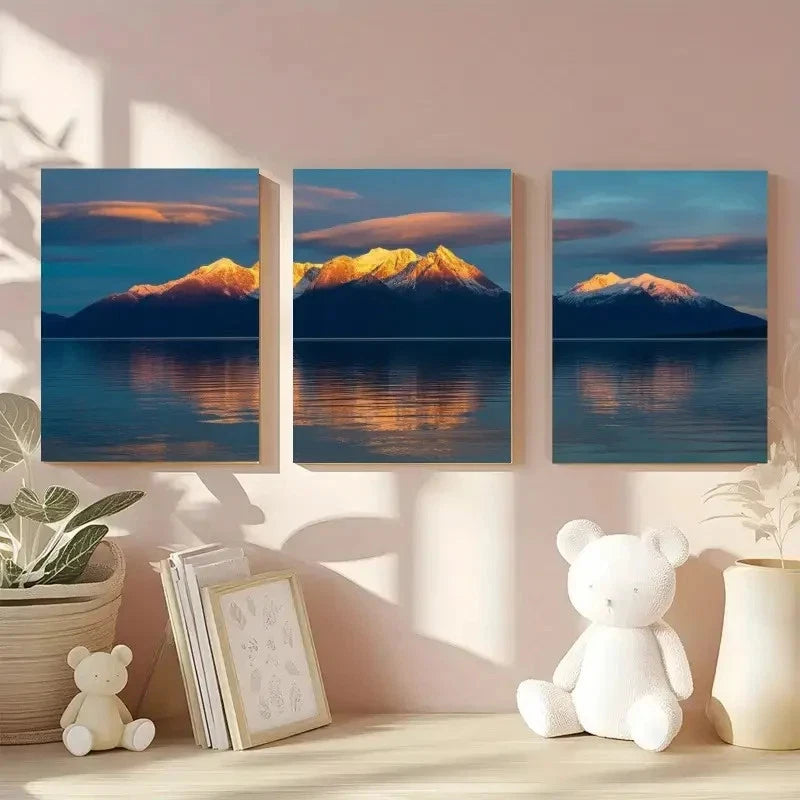 3pcs Snowy Mountains & Calm Lake Landscape Metal Print Ready to Hang Art