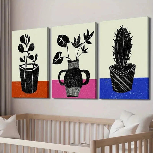 3pcs Botanical Leaf Cactus Silhouette Wall Art Set Canvas Framed 50x70cm - High Quality Print 100% Australian Made Wall Canvas Ready to Hang