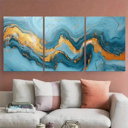 3pcs Elegant Light Blue Marbled with Golden Accent Metal Print Ready to Hang Art