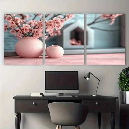 3pcs Vibrant Pink Florals in Vase Illustration Metal Print Ready to Hang Art