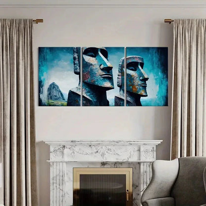 3pcs Abstract Moai Statues Art Blue Tones Textured Metal Print Ready to Hang Art