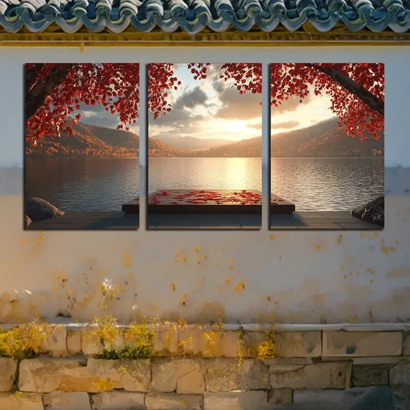 3pcs Autumn Red Leaves and Lake Sunset Scenery Metal Print Ready to Hang Art