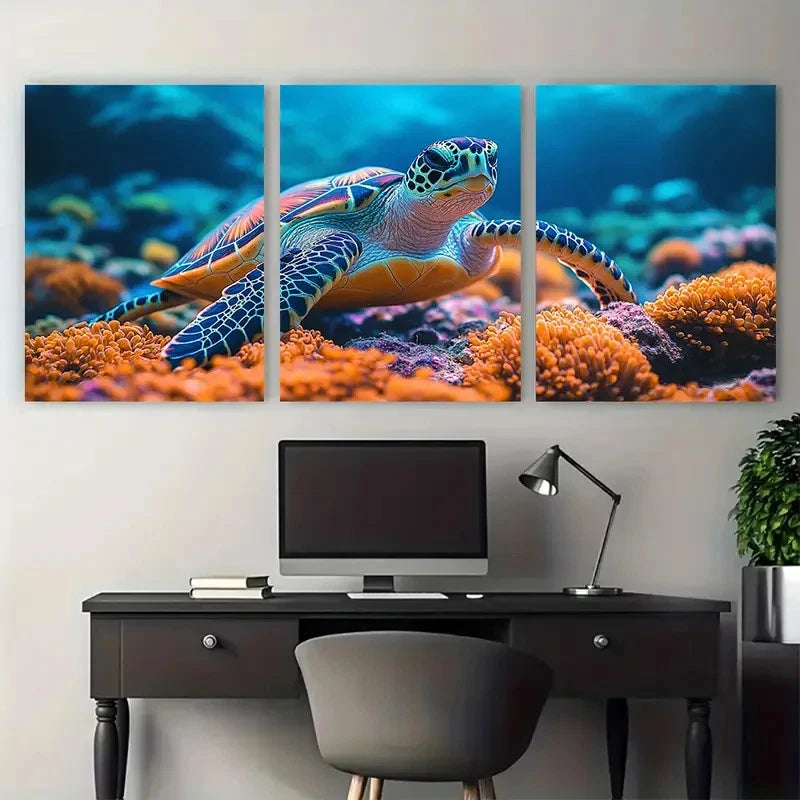 3pcs Wild Sea Turtle Colorful Coral Reef Life Wall Art Set Canvas Framed 40x60cm - High Quality Print 100% Australian Made Wall Canvas Ready to Hang