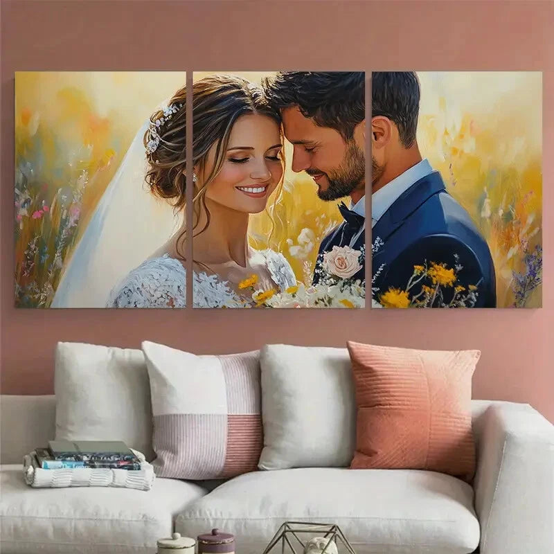 3pcs Wedding Couple Portrait Floral Design Metal Print Ready to Hang Art