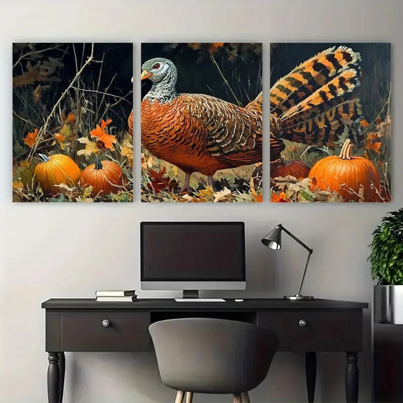 3pcs Thankful Design with Foliage & Pumpkins Wall Art Set Canvas Framed 60x90cm - High Quality Print 100% Australian Made Wall Canvas Ready to Hang
