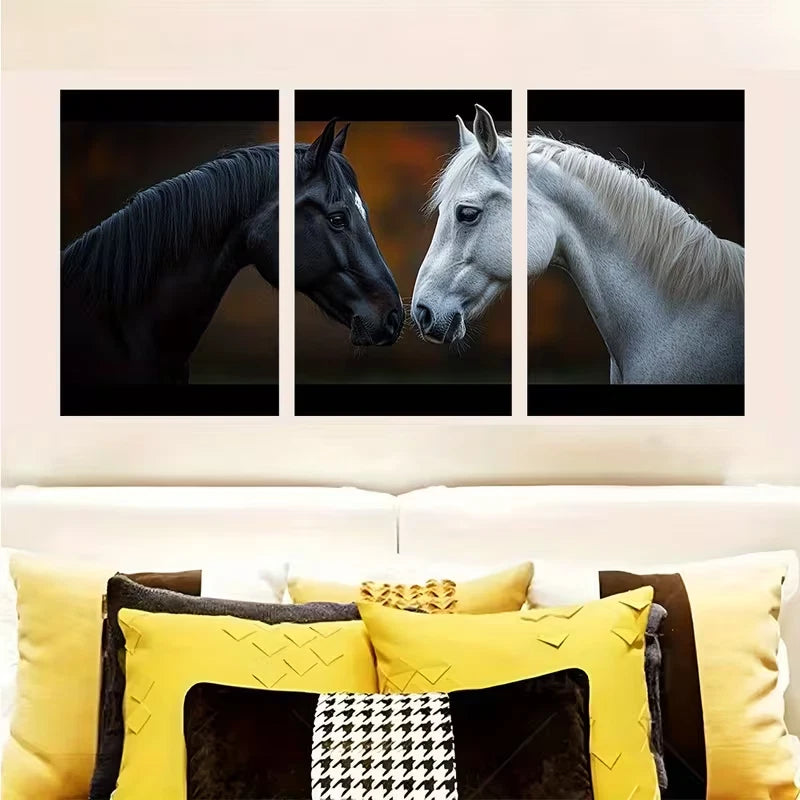 3pcs Couple Horses Black White Metal Print Ready to Hang Art