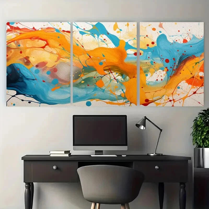 3pcs Vibrant Pastel Blue Brown Ink Wave Splatter Metal Print Ready to Hang Art