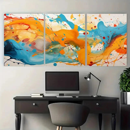 3pcs Vibrant Pastel Blue Brown Ink Wave Splatter Metal Print Ready to Hang Art