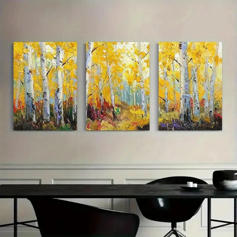 3pcs Grove in Autumn with Yellow Leaves Metal Print Ready to Hang Art