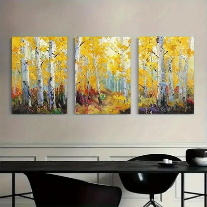3pcs Grove in Autumn with Yellow Leaves Metal Print Ready to Hang Art