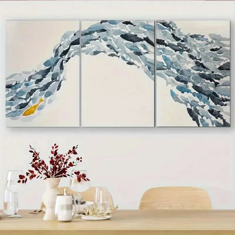 3pcs Abstract Shoal of Fish Triptych Metal Print Ready to Hang Art