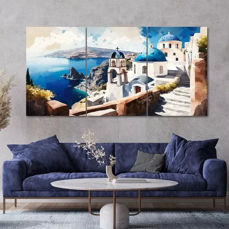 3 Piece Santorini Island Painting Style Canvas Framed 40x60cm - High Quality Print 100% Australian Made Wall Canvas Ready to Hang