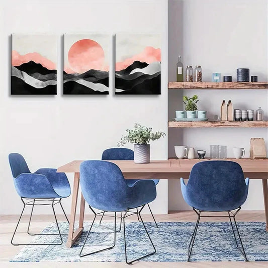 3pcs Abstract Black and White Mountain Pink Metal Print Ready to Hang Art