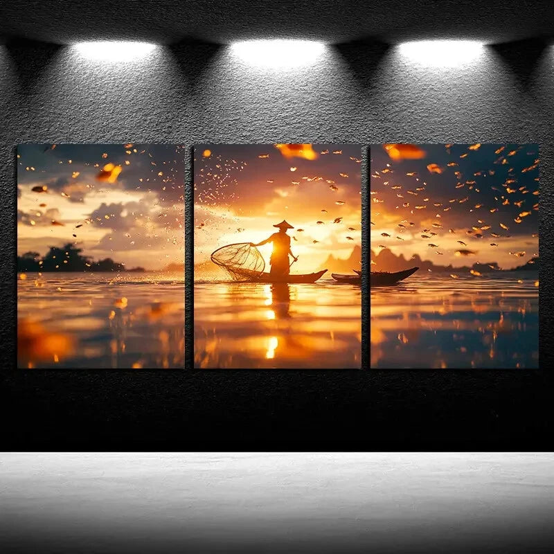 3pcs Vibrant Fishermen on the Sea Surface Metal Print Ready to Hang Art