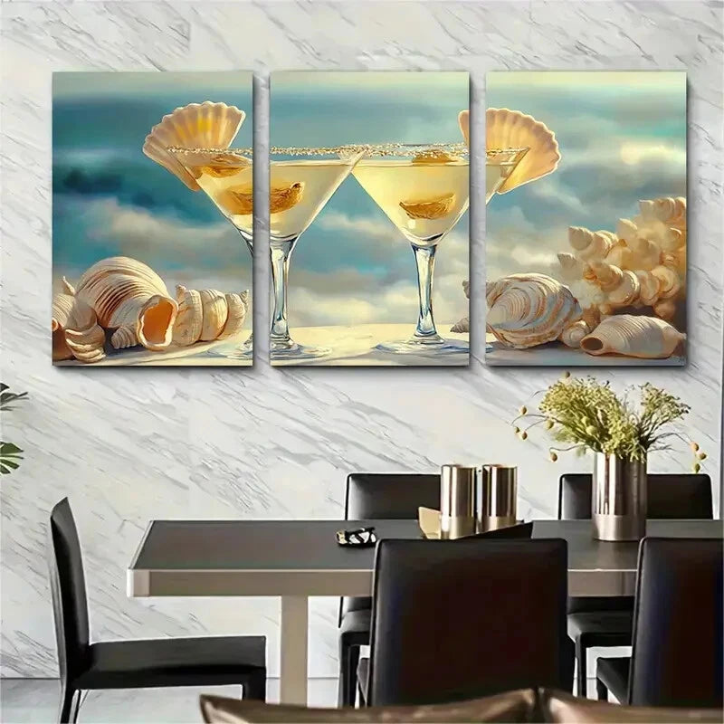 3pcs Seashell Martini Coastal Beach House Metal Print Ready to Hang Art