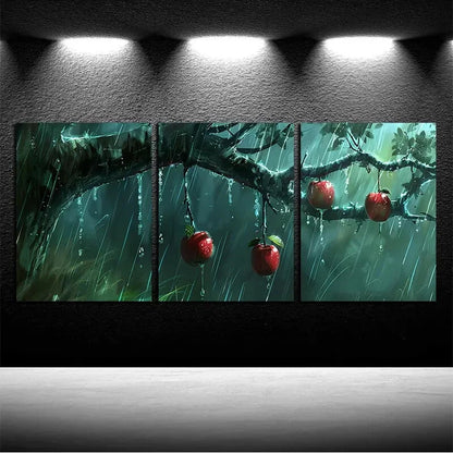 3pcs Apples on Branches Raining Scene Metal Print Ready to Hang Art