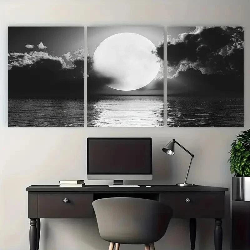 3pcs Black And White Scenic Moon over Sea Metal Print Ready to Hang Art