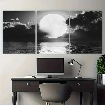 3pcs Black And White Scenic Moon over Sea Metal Print Ready to Hang Art
