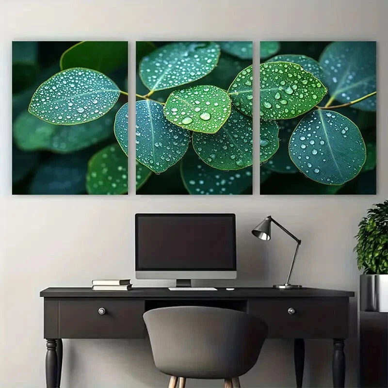 3pcs Eucalyptus Leaves Photography Raindrops Metal Print Ready to Hang Art
