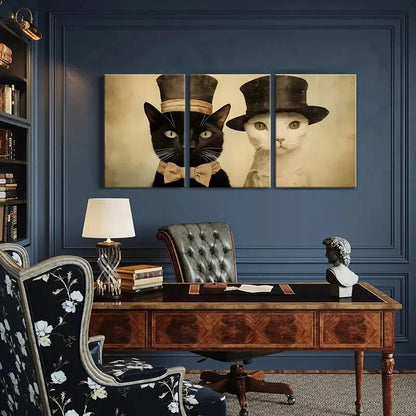 3pcs Elegant Cats In Top Hats Vintage Style Metal Print Ready to Hang Art