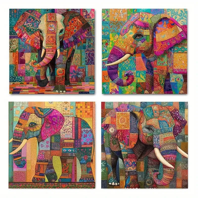 4pcs Colorful Elephant Wall Art Canvas Framed