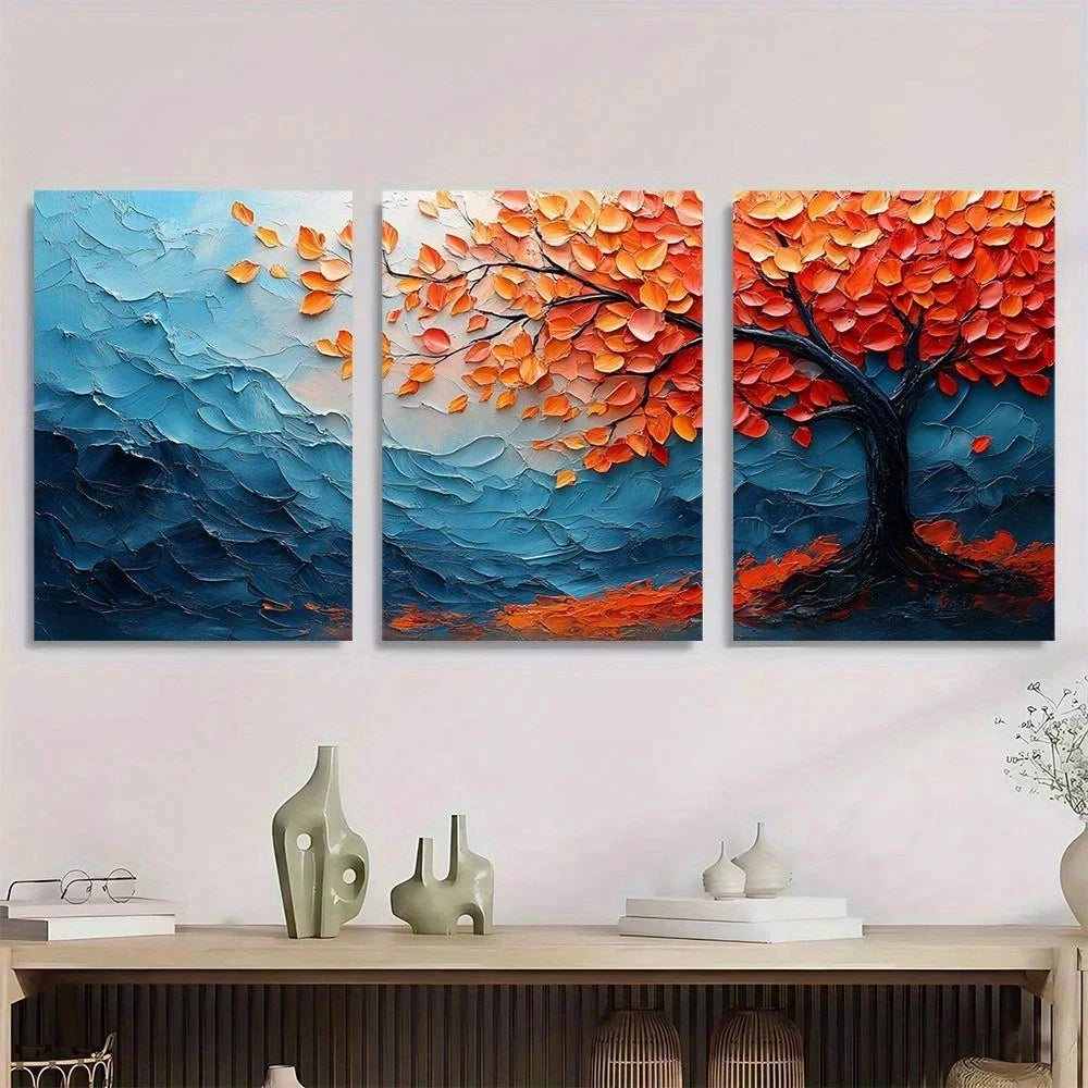 3pcs Modern Abstract Autumn Leaf Tree Metal Print Ready to Hang Art