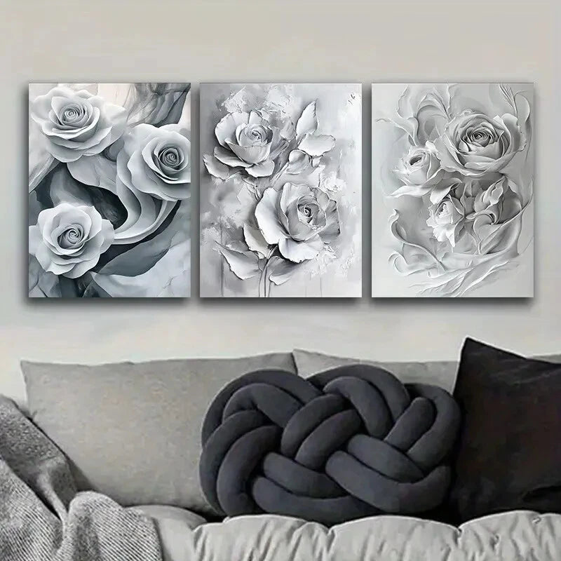 3pcs Paintings Featuring White Roses Floral Metal Print Ready to Hang Art