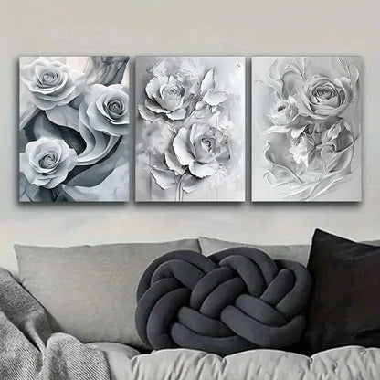 3pcs Paintings Featuring White Roses Floral Metal Print Ready to Hang Art