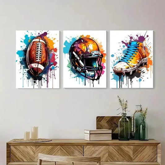3pcs Vibrant Football Colorful Helmet and Jersey Metal Print Ready to Hang Art