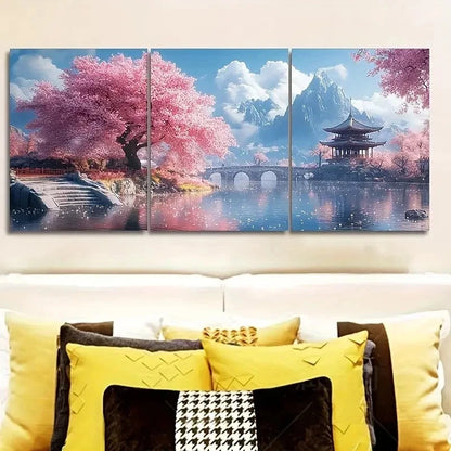 3pcs Pink Cherry Blossom Trees Wall Art Set Canvas Framed 50x70cm - High Quality Print 100% Australian Made Wall Canvas Ready to Hang