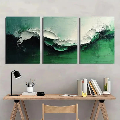 3pcs White and Green Modern Abstract Green Acrylic Metal Print Ready to Hang Art