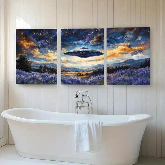 3pcs UFO Spaceship Over Lavender Field Perfect Wall Art Set Canvas Framed 40x60cm - High Quality Print 100% Australian Made Wall Canvas Ready to Hang