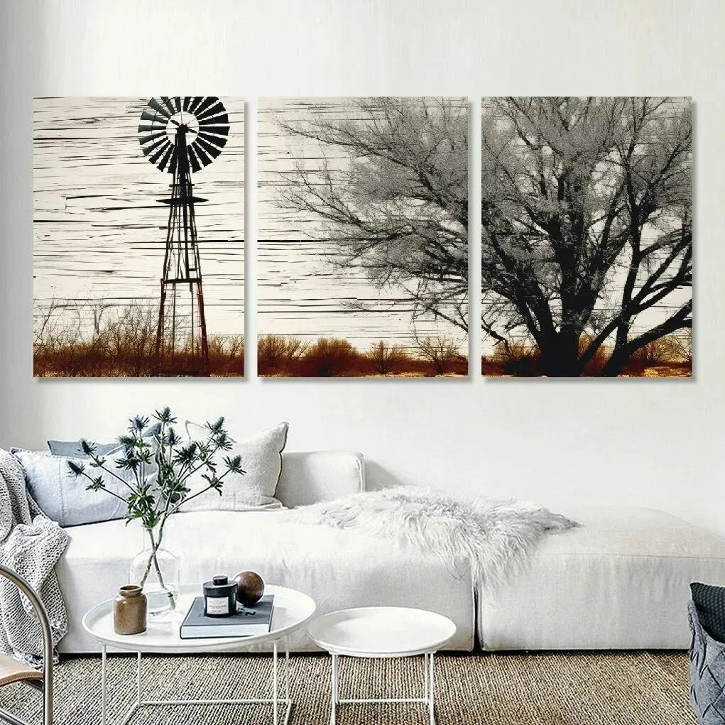 3pcs Rustic Windmill & Trees Black & White Metal Print Ready to Hang Art