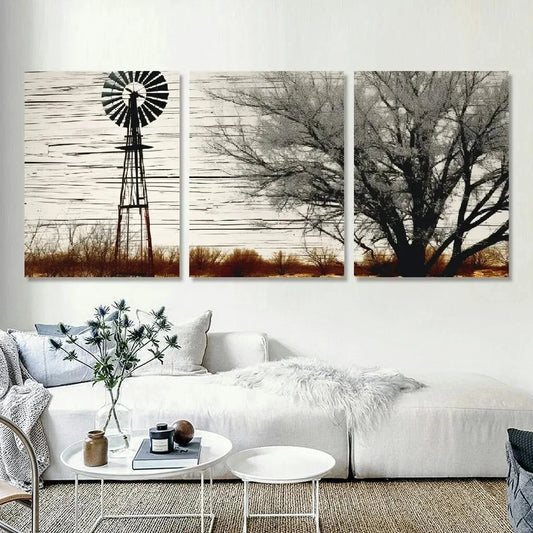 3pcs Rustic Windmill & Trees Black & White Metal Print Ready to Hang Art