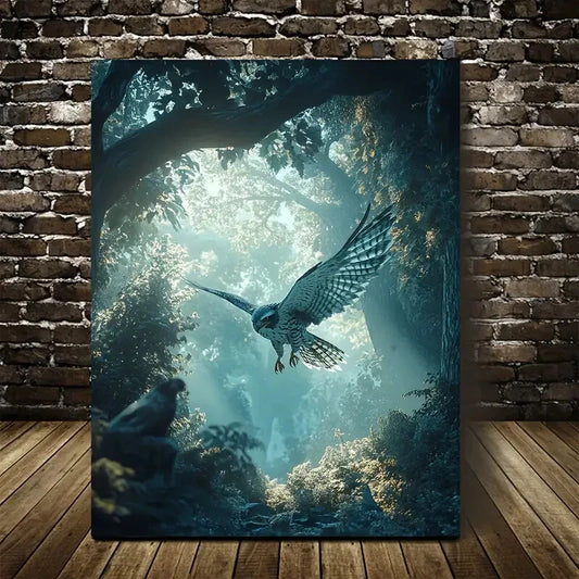 Dreamlike Hawk in Magical Forest Scene Painting 40x60cm Metal Print Ready to Hang