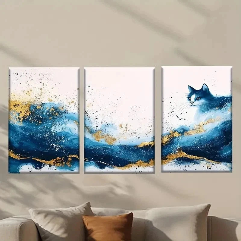 3pcs Cat with Blue and Golden Paint Wall Art Set Canvas Framed 40x60cm - High Quality Print 100% Australian Made Wall Canvas Ready to Hang