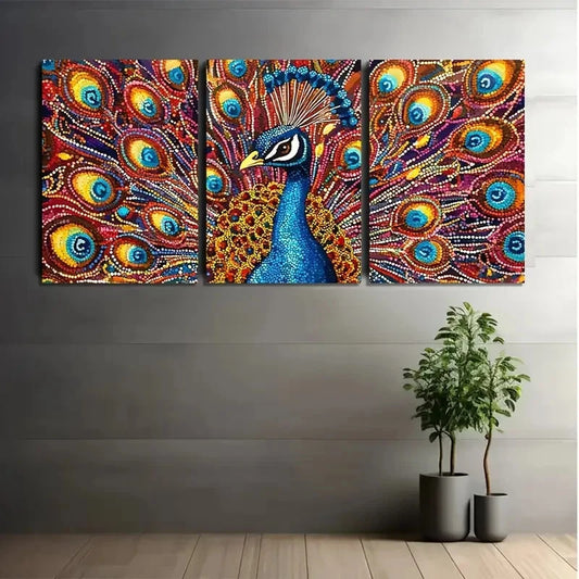 3pcs PeaRooster Feather Colorful Metal Print Ready to Hang Art