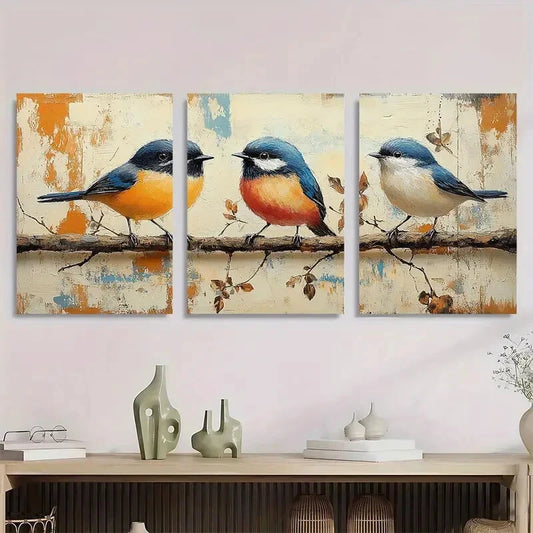 3pcs Rustic Watercolor Birds Vintage Metal Print Ready to Hang Art