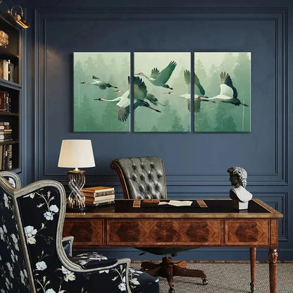 3pcs Elegant Crane Flight in Forest Asian Metal Print Ready to Hang Art