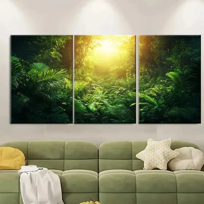 3pcs Lush Green Nature with Sunlit Canopy Metal Print Ready to Hang Art