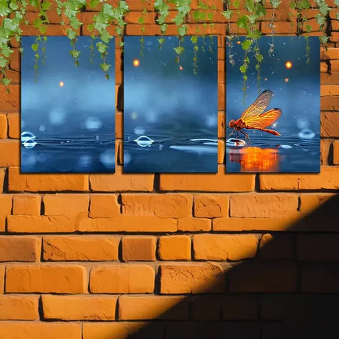 3pcs Dragonfly Over A Puddle Of Water Canvas Framed 60x90cm - High Quality Print 100% Australian Made Wall Canvas Ready to Hang