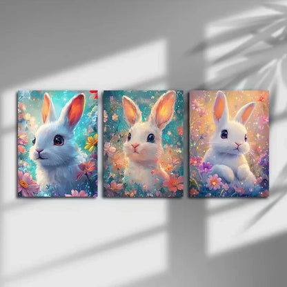 3pcs Vibrant Rabbit Series Linen Paintings Metal Print Ready to Hang Art