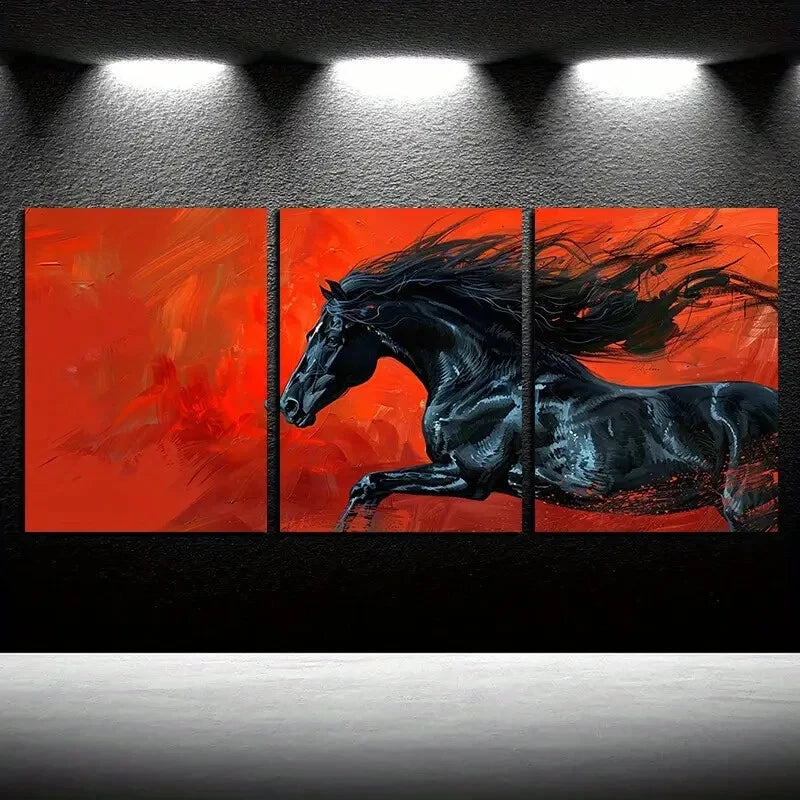 3pcs Dark Horse in Red background Design Metal Print Ready to Hang Art