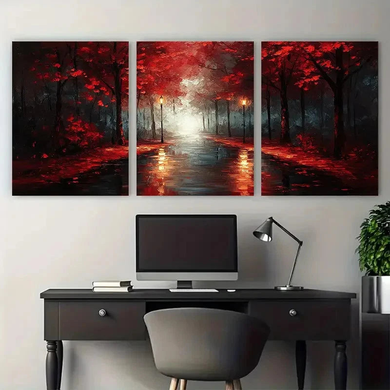 3pcs Night Street Walk with lamps Illustration Wall Art Set Canvas Framed 40x60cm - High Quality Print 100% Australian Made Wall Canvas Ready to Hang