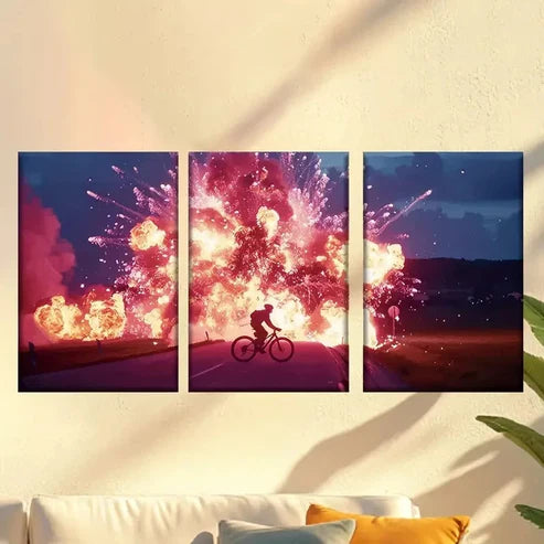 3pcs Cyclists in the explosion Wall Art Set Canvas Unframed - High Quality Print 100% Australian Made Wall Canvas