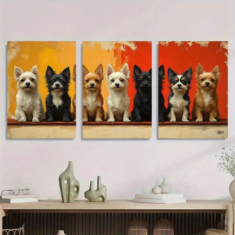 3pcs Whimsical Dogs White Black & Brown Metal Print Ready to Hang Art