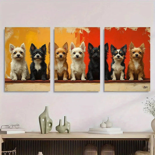 3pcs Whimsical Dogs White Black & Brown Metal Print Ready to Hang Art