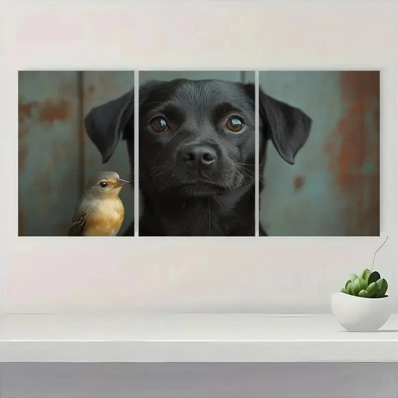3pcs Black Dog with Bird, Rustic Metal Print Ready to Hang Art