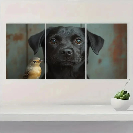 3pcs Black Dog with Bird, Rustic Metal Print Ready to Hang Art